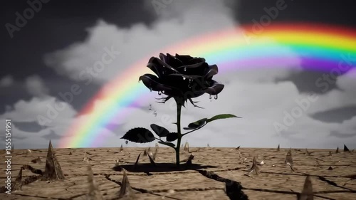 Dark Art Black Rose Growing from Cracked Earth – Worm’s-Eye View with Stormy Sky and Rainbow