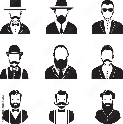 Nine stylized male portrait icons representing various vintage and modern hairstyles and facial hair.