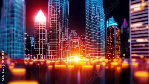 Futuristic Neon Wireframe Cityscape in Electric Blue and Hot Pink Lighting