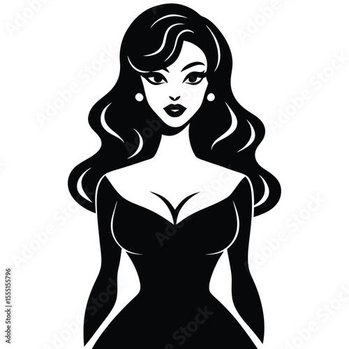 Elegant woman in a black dress with wavy hair silhouette