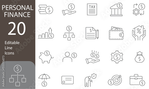 PERSONAL FINANCE Editable Line Icons Set. budget, loan, taxes, money, and more. Vector illustration
