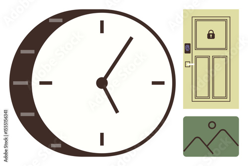 Locked door, round clock, and minimalist landscape highlight security, punctuality, and serenity. Ideal for time management, safety emphasis, apps, productivity mindfulness efficiency simple