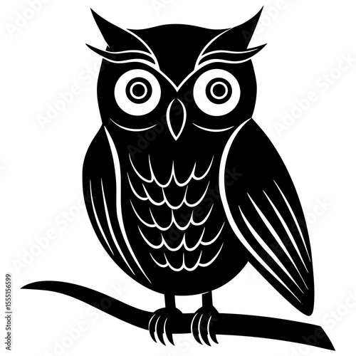 owl sitting on branch silhouette on white background