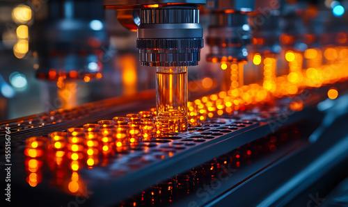 Automated pharmaceutical production line with robotic filling machine dispensing orange liquid into vials in sterile cleanroom environment industrial bioprocess manufacturing technology close-up