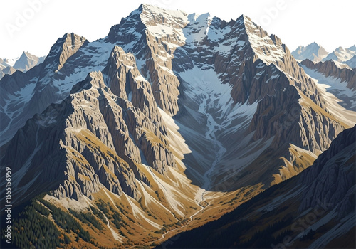 A large mountain range, depicted in a detailed, realistic style