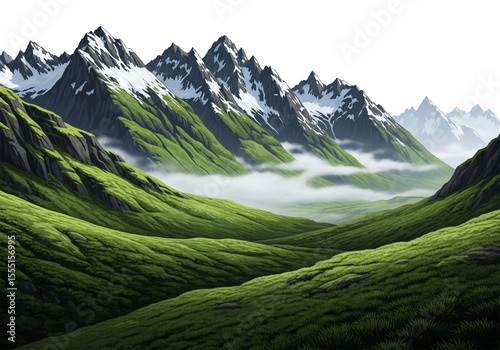 A landscape featuring a mountain range with a lush green valley at its base