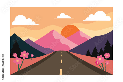 Sunset Mountain Road Trip Scenic Drive Through Pink Mountains and Blooming Flowers
