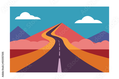 Endless Road Trip Journey to the Sunset Mountain Landscape Illustration