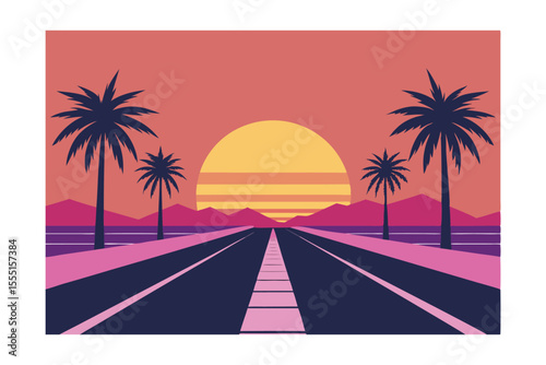 Sunset Highway A Retro Palm Tree Road Trip Illustration