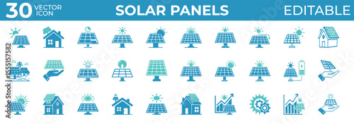 Clean solar panel icons for energy, eco, and power system design

