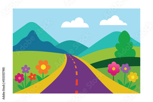 Scenic Road Trip Colorful Mountains, Blooming Flowers, and Open Road Adventure