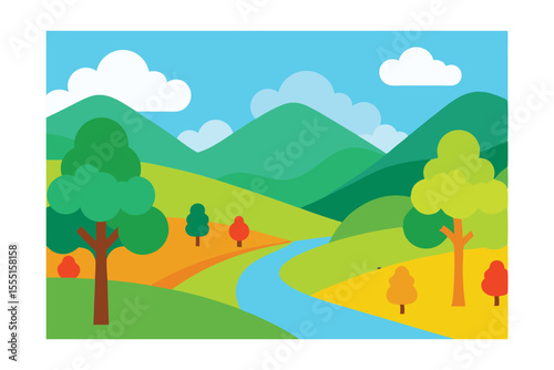 Serene Autumn Landscape River Valley, Rolling Hills, and Colorful Trees
