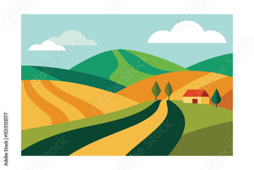 Serene Countryside Landscape Rolling Hills, Farmland, and Winding Roads