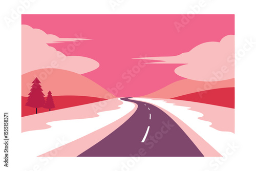 Pink Winter Wonderland Road Trip Scenic Highway Through Snowy Mountains