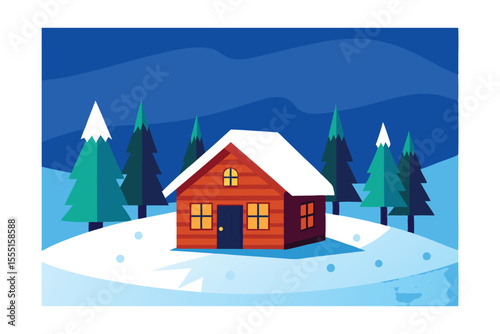 Cozy Winter Cabin in Snowy Landscape A Peaceful Getaway Illustration