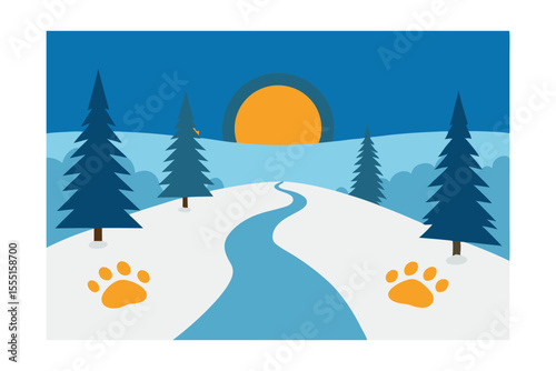 Winter Wonderland Paw Prints in the Snow, a Serene Sunset Path