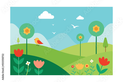 Spring Landscape Birds, Flowers, and Rolling Hills Illustration