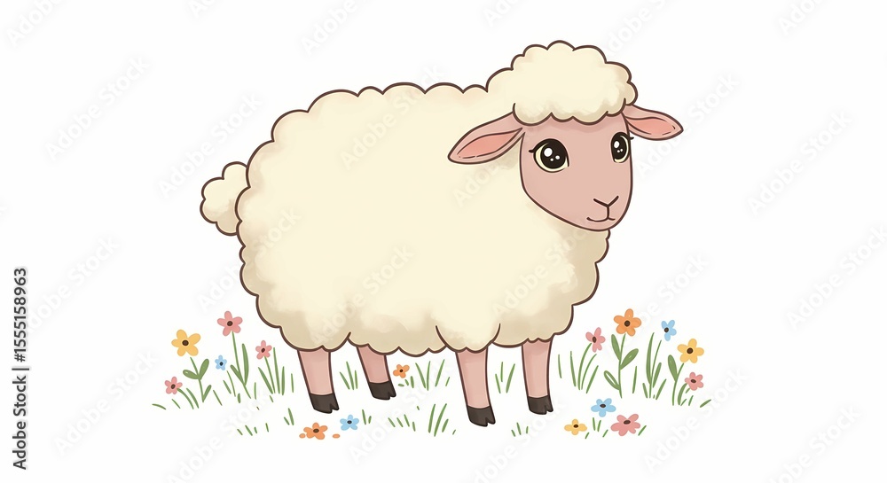 Obraz premium Cute Cartoon Sheep Standing in Colorful Meadow with Flowers