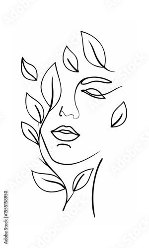 Continous line drawing of a face with leaves foliage on a background minimalist art