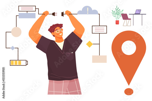 Energetic individual pulling wires connected to flowchart elements, location marker, battery, cloud, desk setup, and errors. Ideal for technology, innovation, connectivity solutions teamwork