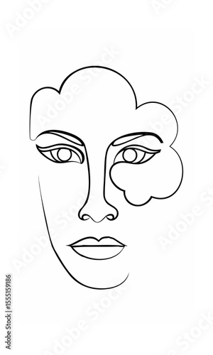 Line drawing of a face with cloud shape on one side on a background continous line