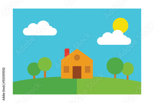 Sunny Day House Idyllic Suburban Home Landscape Illustration