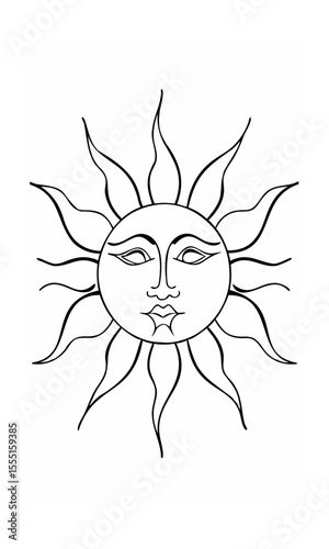 Handdrawn sun with face radiating rays on a background continous line vector