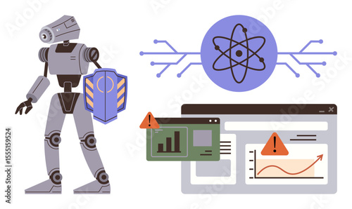Robot holding shield near data analytics charts, AI atom symbol, and warning alert icons. Ideal for cybersecurity, AI ethics, innovation, automation, data protection, technology and digital safety