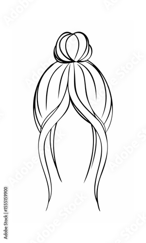 Continous line of a bun hairstyle with flowing hair strands on a background lineart