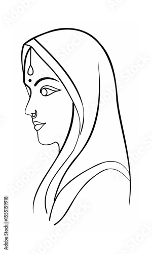 Handdrawn of a woman wearing a veil traditional jewelry in profile face headscarf