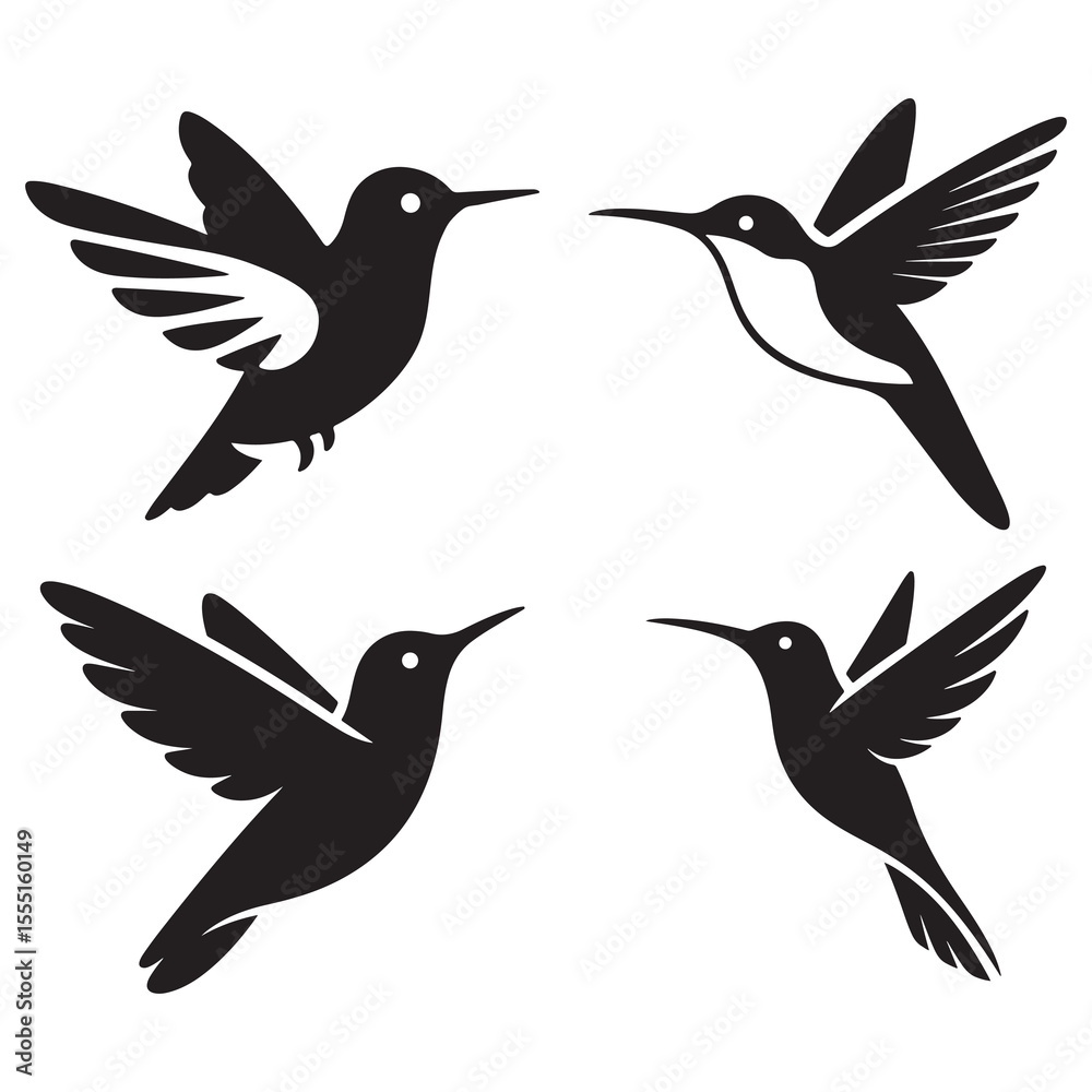 Obraz premium Silhouette humming bird set vector illustration with flying wildlife icons