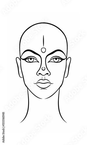 Continous line drawing of a face with a bindi stylized features on background vector