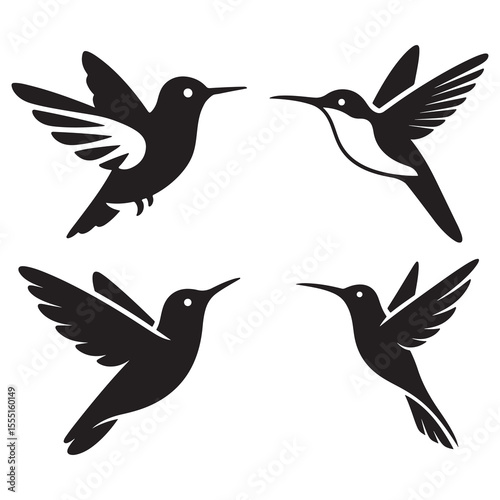 Silhouette humming bird set vector illustration with flying wildlife icons