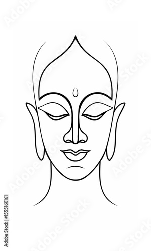 Continous line drawing of a serene Buddha face with closed eyes a peaceful expression on background