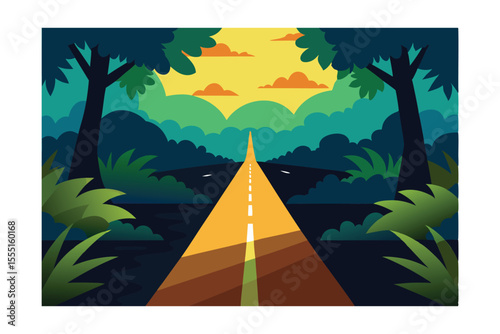 Journey Ahead A Serene Road Through Lush Tropical Landscape Illustration