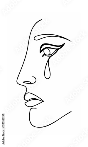 Continous line drawing of a woman's face in profile with a tear falling from her eye on background