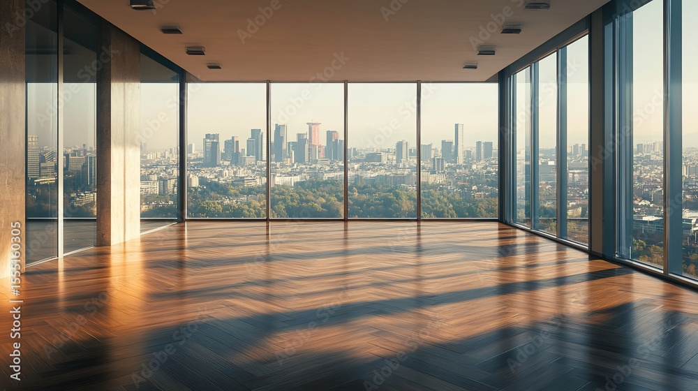 Fototapeta premium Empty modern office space with panoramic city views