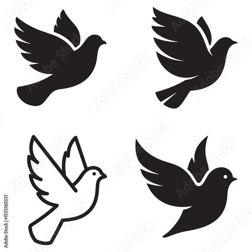 Peaceful Dove and Bird Vector Set with Flying Silhouettes and Nature Symbols