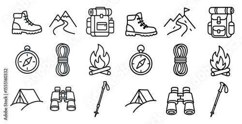 Set of icons for outdoor activities such as hiking, camping, and backpacking. The icons include a compass, a tent, a backpack, and a pair of hiking boots