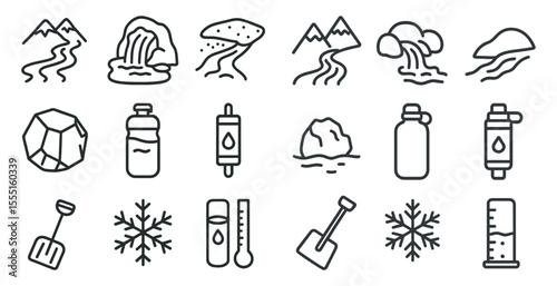 Series of icons depicting various items related to outdoor activities and water. The icons include a bottle, a rock, a cup, a thermometer, a shovel, and a cup. Scene is that of adventure