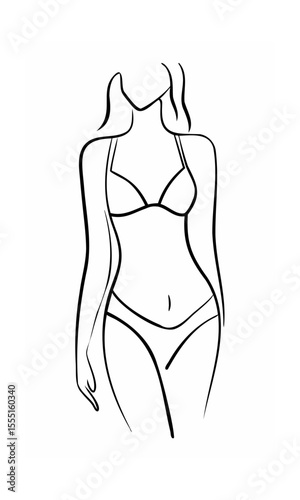 Continous line drawing of a woman in a bikini with wavy hair on a background female