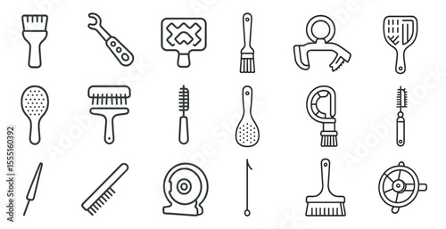 Collection of various hair care tools and brushes. The image is in black and white and has a minimalist style