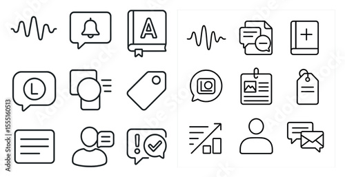Set of icons for a messaging app. The icons include a bell, a book, a camera, a person, and a check mark