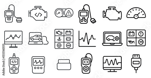 Collection of car repair tools and equipment. The tools include a tire pressure gauge, a battery charger, and a diagnostic scanner. Concept of technical expertise and precision