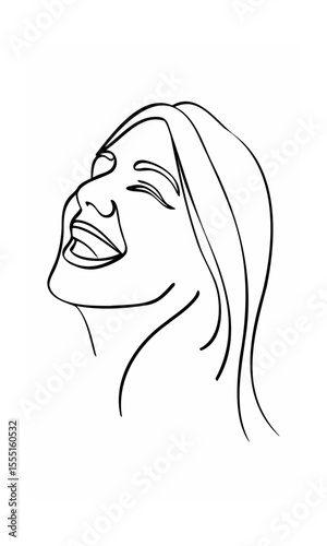 Continous line drawing of a woman's face looking upwards with open mouth closed eyes on background