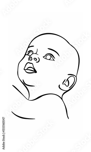 Continous line drawing of a baby's face looking upwards with open mouth on background