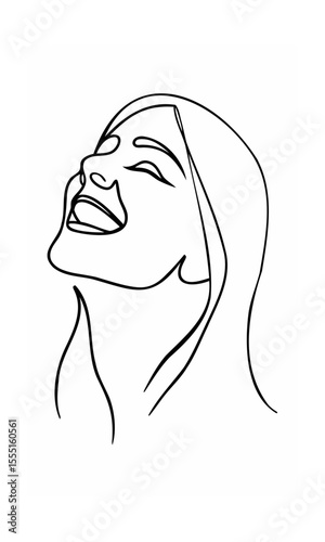 Continous line drawing of a woman's face looking upwards with open mouth flowing hair on background