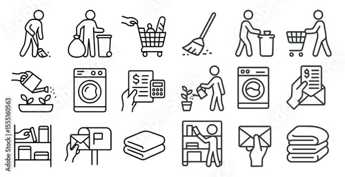 Series of images depicting various household chores and tasks. The images include a person holding a broom, a person holding a shopping cart, a person holding a bag, and a person holding a plant