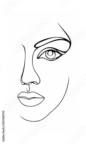 Continous line drawing of a female face showing eye nose lips on a background woman