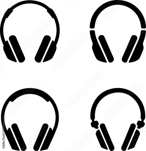 Four black headphone illustrations arranged in a square on a white background with different designs